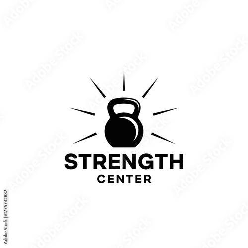 Minimalist black kettlebell with radial lines, 'STRENGTH CENTER' text underneath