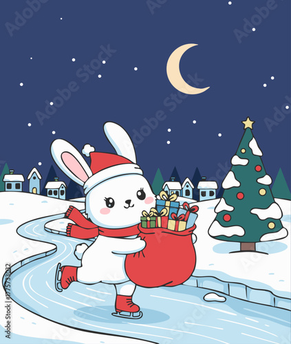 Cute Christmas Bunny Wearing Santa Hat Ice Skating with a Sack of Gifts in Snowy Village Night
