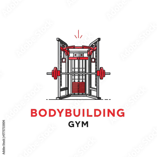Minimalist barbell and smith machine with red accents for a gym logo