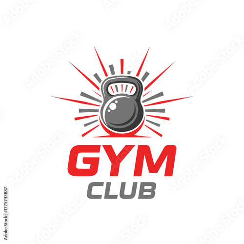 dynamic gym club emblem with kettlebell and radiating lines design