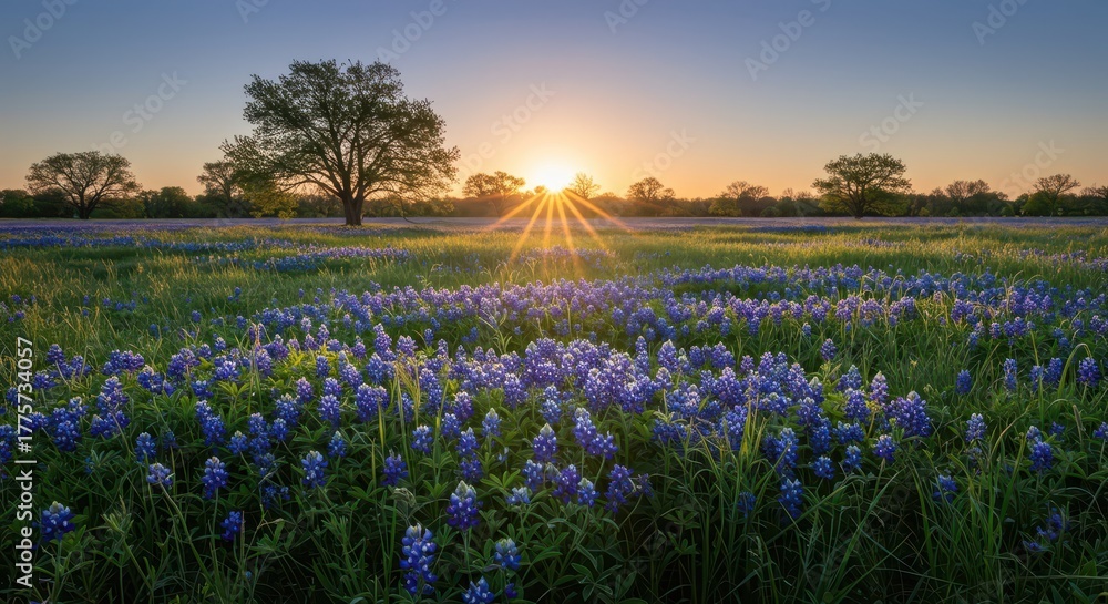 Naklejka premium A wide, panoramic view of a lush spring field blanketed with vibrant blue bonnet wildflowers illuminated by the gentle rays of the rising sun ,spring ,scenic ,season