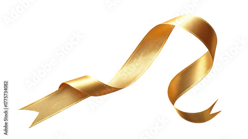 Flowing golden ribbon banner. Isolated decorative element for celebration. Shiny curled band for gift wrapping or award. Luxury silk or satin swirl.