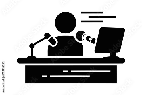 Broadcaster at desk with microphone and monitor, transmitting information icon