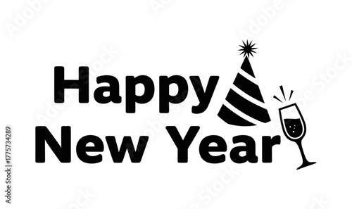 Happy New Year text with festive hat and champagne glass, simple celebration icon