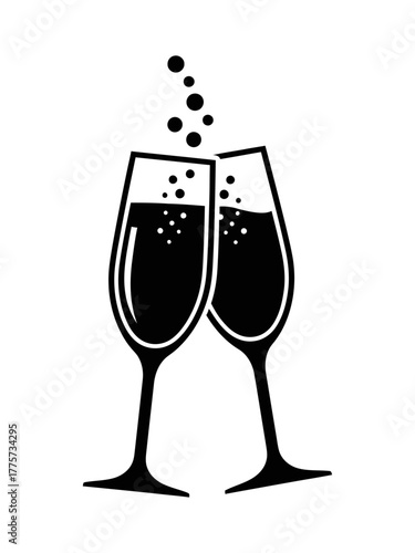 Two champagne glasses clinking with bubbles, celebration toast icon, transparent background
