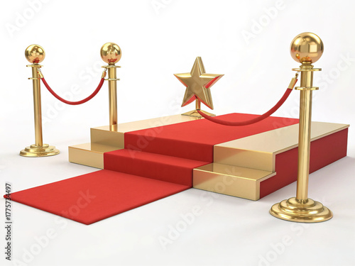 Red carpet event entrance. VIP stage with golden stanchions and velvet ropes. Award ceremony podium with star. Premiere or success celebration concept.