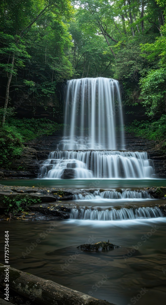 Obraz premium Serene long exposure photo showcasing the silky movement of powerful water cascading down multiple rock tiers in a lush, green forest environment, clean, stone, tiers