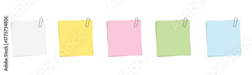 Paper for note with clip. Colorful sticky notes arranged in a row on a white background for reminders and organization tasks. Vector illustration