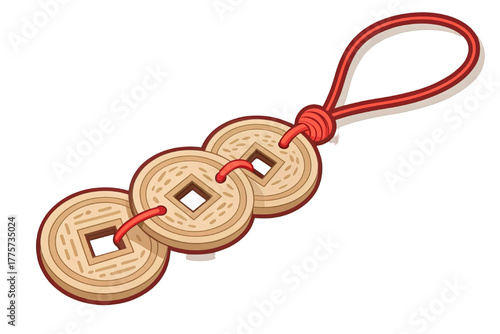 Chinese lucky coins charm. Feng shui amulet for good fortune and wealth. Traditional asian souvenir with red cord. Symbol of prosperity and success.
