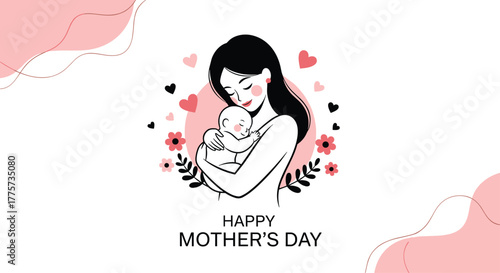 Heartwarming illustration of a mother lovingly embracing her baby, framed by delicate flowers and surrounded by floating hearts with 'happy Mother's day' text.