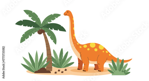 Charming brachiosaurus dinosaur peacefully stands next to a tall palm tree and lush green bushes, leaving footprints in the sand.