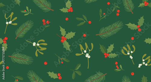 Christmas-themed seamless pattern featuring festive holly, mistletoe, and pine branches with red and white berries on a dark green background.