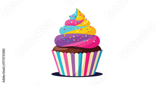 Vibrant, multicolored cupcake with rainbow frosting and sprinkles, baked in a striped paper liner, perfect for celebrations.