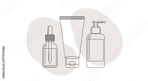 Minimalist composition of three cosmetic products: a dropper bottle, a cream tube, and a pump bottle, on an abstract background.