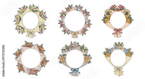 Diverse set of six elegant floral frames featuring varied flower arrangements and ribbon details, ideal for wedding invitations.
