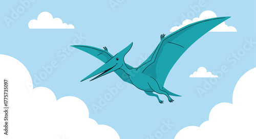 Mighty pterodactyl soars through a light blue sky, adorned with fluffy white clouds, evoking prehistoric adventure.