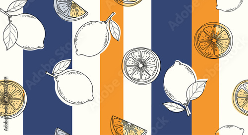 Stylish seamless pattern with hand-drawn lemon slices and whole lemons, beautifully contrasted against blue, orange, and white vertical stripes.