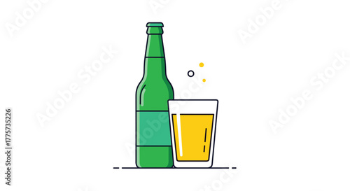 Refreshingly simple illustration of a green beer bottle and a glass of golden beer, perfect for depicting beverages and celebrating good times.