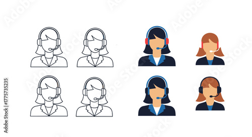 Comprehensive set of customer service agent icons, depicted with and without color, showing female figures wearing headsets, ideal for support interfaces.