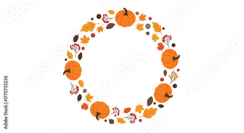 Vibrant autumn wreath bursting with plump orange pumpkins, colorful fallen leaves, and red berries, epitomizing the festive spirit of harvest season.