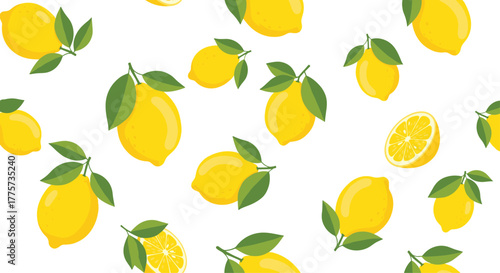 Bright and delightful seamless pattern of scattered yellow lemons with vibrant green leaves, ideal for kitchen, food, and summer-themed designs.