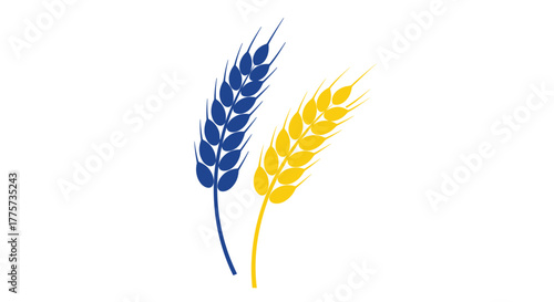 Striking graphic illustration featuring two stylized wheat stalks in contrasting blue and yellow, representing agriculture, food, and Ukrainian symbolism.
