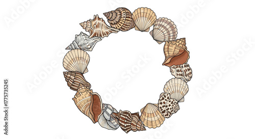 Exquisitely detailed circular wreath handcrafted from diverse colored seashells, showcasing the intricate beauty of marine life and beach treasures.
