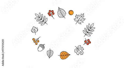 Artistic autumn wreath of outlined leaves, berries, and acorns with selective color highlights, capturing the beauty of the fall season.