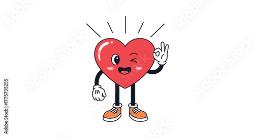 Cheerful cartoon heart character giving an 'okay' hand sign, spreading positive vibes and good feelings with a vibrant red glow.