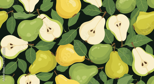 Rich seamless pattern featuring a variety of green and yellow pears with dark green leaves, showcasing freshness for fruit and healthy food themes.