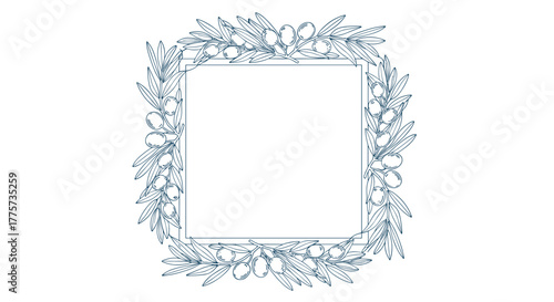 Elegant linear frame composed of meticulously drawn olive branches, perfect for minimalist Mediterranean branding, invitations, and recipe layouts.