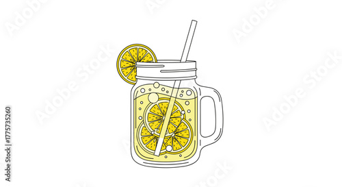 Refreshingly cool mason jar drink filled with ice, lemon slices, and a straw, presenting a classic lemonade beverage for summer menus.