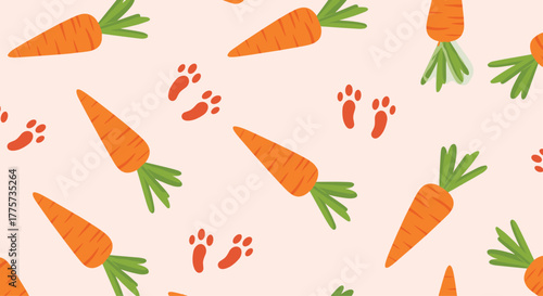 Charming seamless pattern featuring scattered carrots and small animal paw prints, creating a delightful background for farm and children's themes.