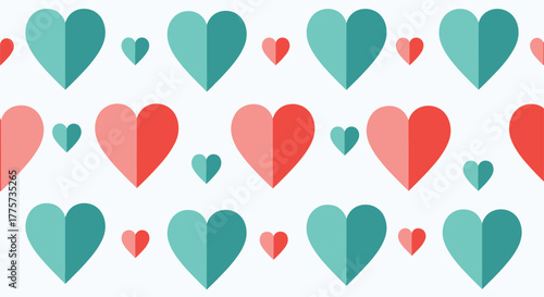 Delightful seamless pattern composed of vibrant green and red hearts, arranged in charming horizontal rows, perfect for romantic and affectionate themes.