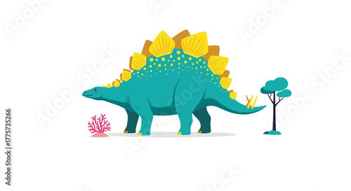 Majestic cartoon stegosaurus in vibrant blue-green with yellow plates and spikes, set amidst tropical foliage and a red coral, bringing prehistoric life to view.