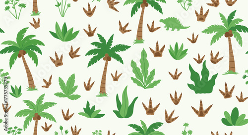 Lively seamless pattern showcasing lush tropical palm trees, various green foliage, and fun dinosaur footprints on a light background, perfect for kids' themes.