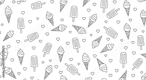 Charming outline seamless pattern featuring various ice cream cones and popsicles, delightfully complemented by small hearts, conveying sweet happiness.