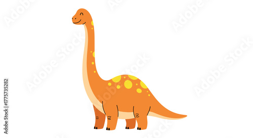 Friendly and charming cartoon brachiosaurus, presented in a cheerful orange with yellow spots, a delightful prehistoric giant for children's designs.