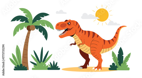 Vibrant depiction of a roaring tyrannosaurus rex under a bright sun, amidst lush palm trees and tropical plants, bringing the prehistoric jungle to life.
