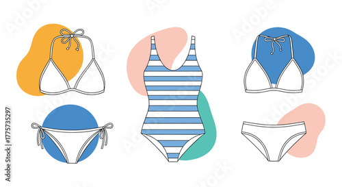 Stylish set of outlined swimsuits, including two bikinis and a one-piece with colorful abstract backgrounds, perfect for fashion and summer themes.