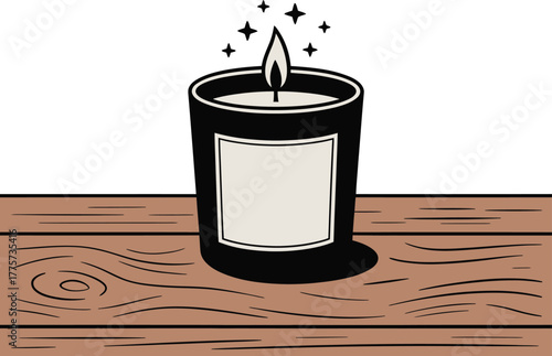 Cozy scented candle glowing warmly on a wooden surface, creating a peaceful atmosphere.