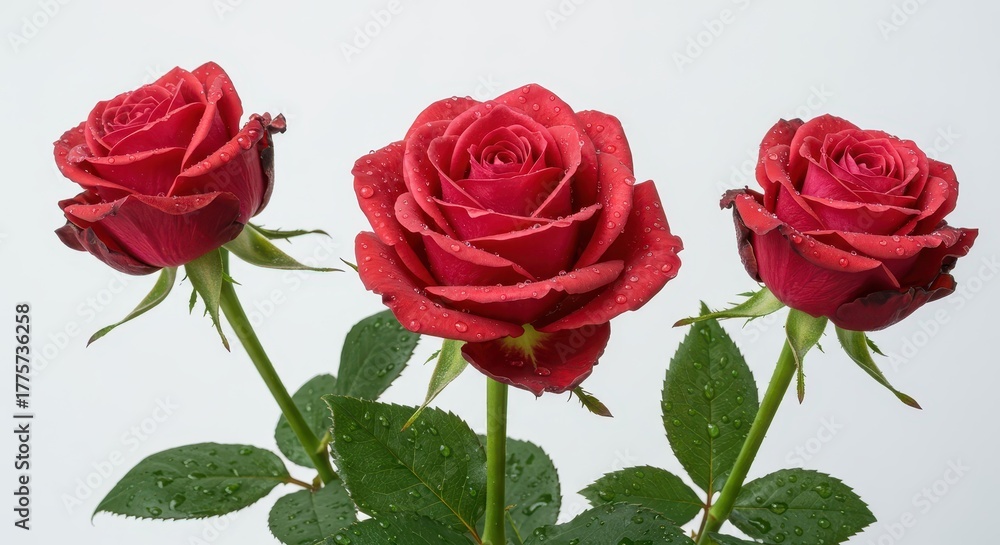 Fototapeta premium Three perfect blooming roses featuring detailed green leaves and delicate water droplets, entirely isolated against a simple bright white surface ,anniversary ,vibrant ,love