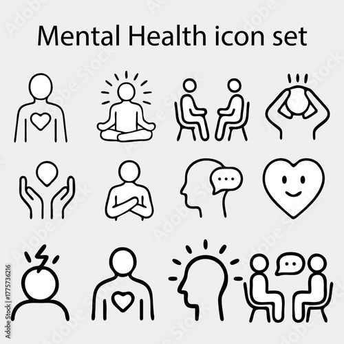 The mental health icon set includes a variety of images that represent different aspects of mental health. Some of the icons include a person meditating, a person talking to someone