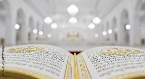 Gilded pages and fine script of the Guru Granth Sahib showcased within the marble architecture of a Gurdwara