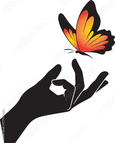 Black silhouette of a hand in a mudra gesture with a vibrant orange and yellow butterfly landing on a finger