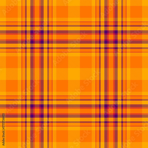Vibrant orange and purple plaid pattern. Classic textile design ideal for backgrounds, apparel, or digital artwork projects requiring a warm, textured aesthetic.