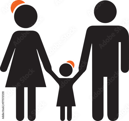 Stylized black figures of a family a mother father and child holding hands with orange accents on heads