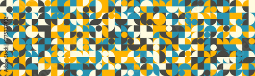 Vibrant midcentury modern geometric pattern.  A captivating blend of circles, squares, and quartercircles in bold teal, gold, black, and white.