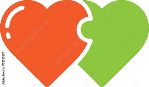 Two interlocking puzzle pieces shaped like hearts one orange and one green on a white background heart puzzle piece