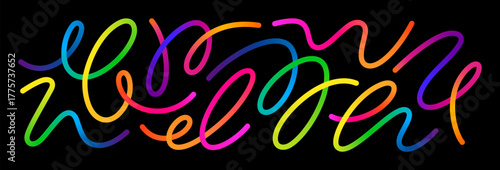 Abstract Gradient Color Lines. 3D Wave Shape Pattern. Vector Wavy Graphic Design Elements on Black Background. Organic Line Rainbow Color Ribbon.